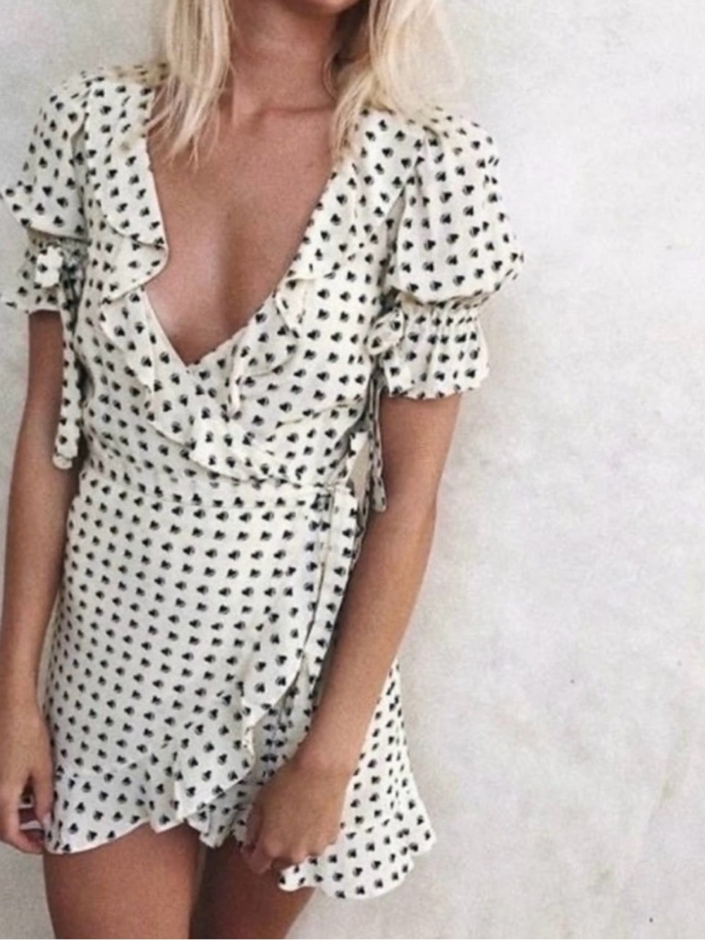 For Love & Lemons Sweetheart Heart Print Wrap Mini Dress M